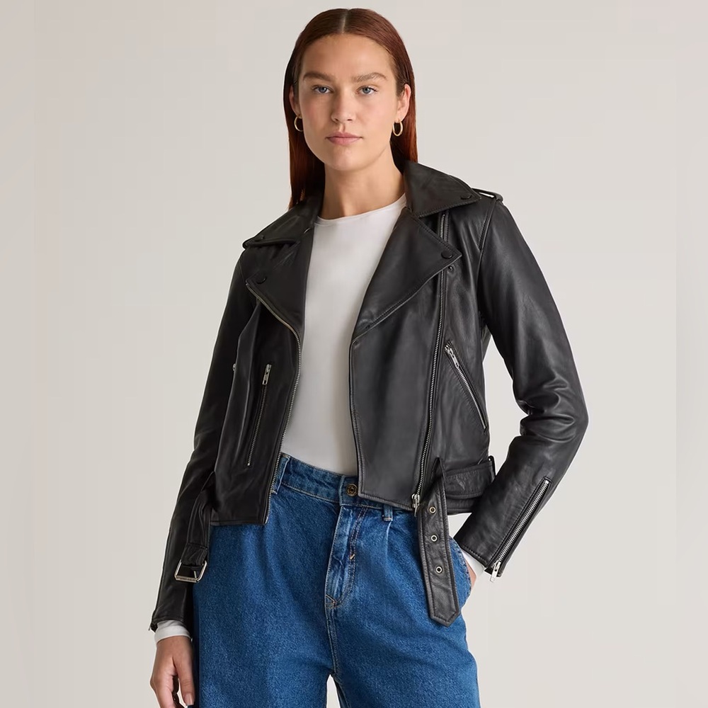 Quince 100% Leather Motorcycle Biker Jacket | Black | Large